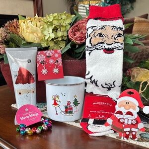 Christmas Gift Set Old Navy Coffee Mug Santa Socks Earrings Bracelet Hand Cream